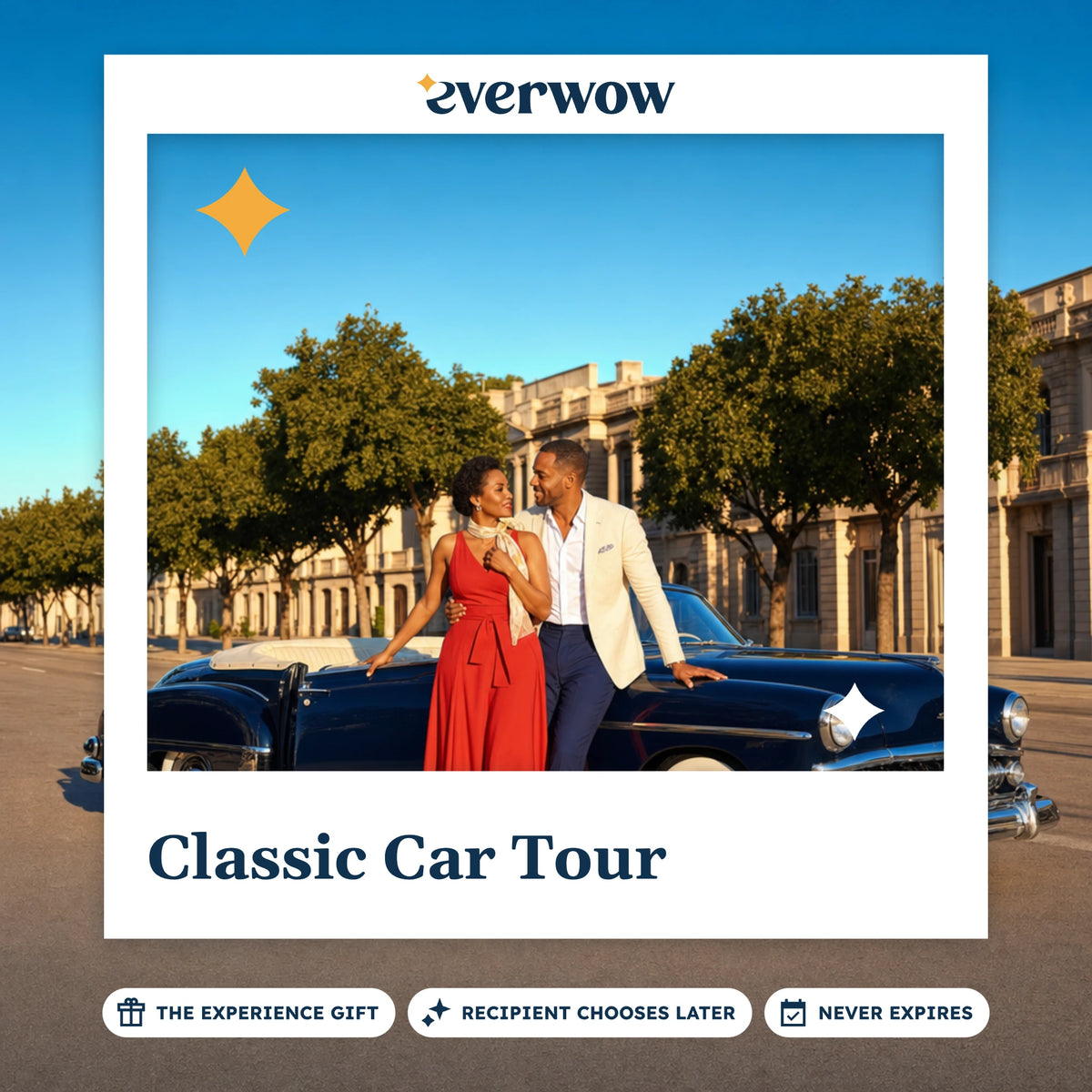 Everwow Classic Car Tour experience gift photo in a frame, navy convertible at dusk