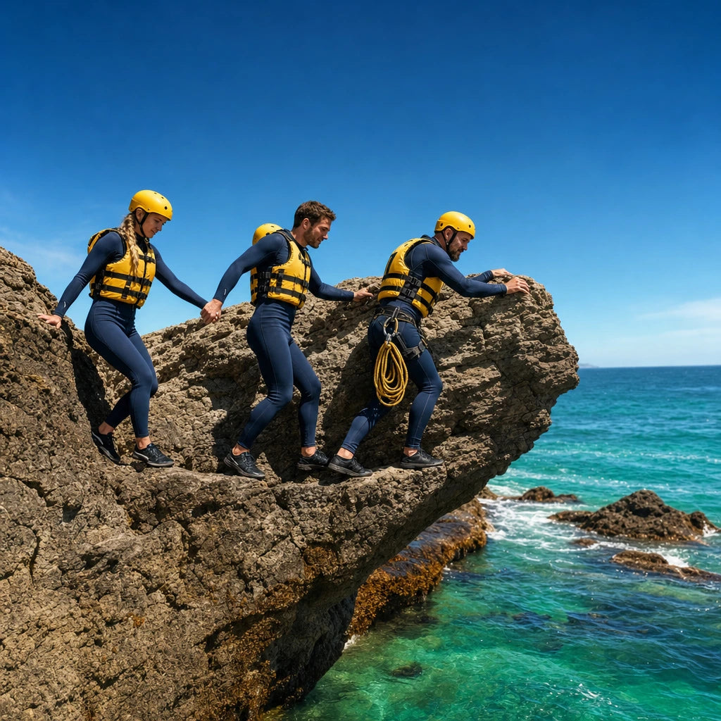 Guide leading a couple across sunlit rocks above a churning sea, Coasteering & Cliff Jumping experience gift