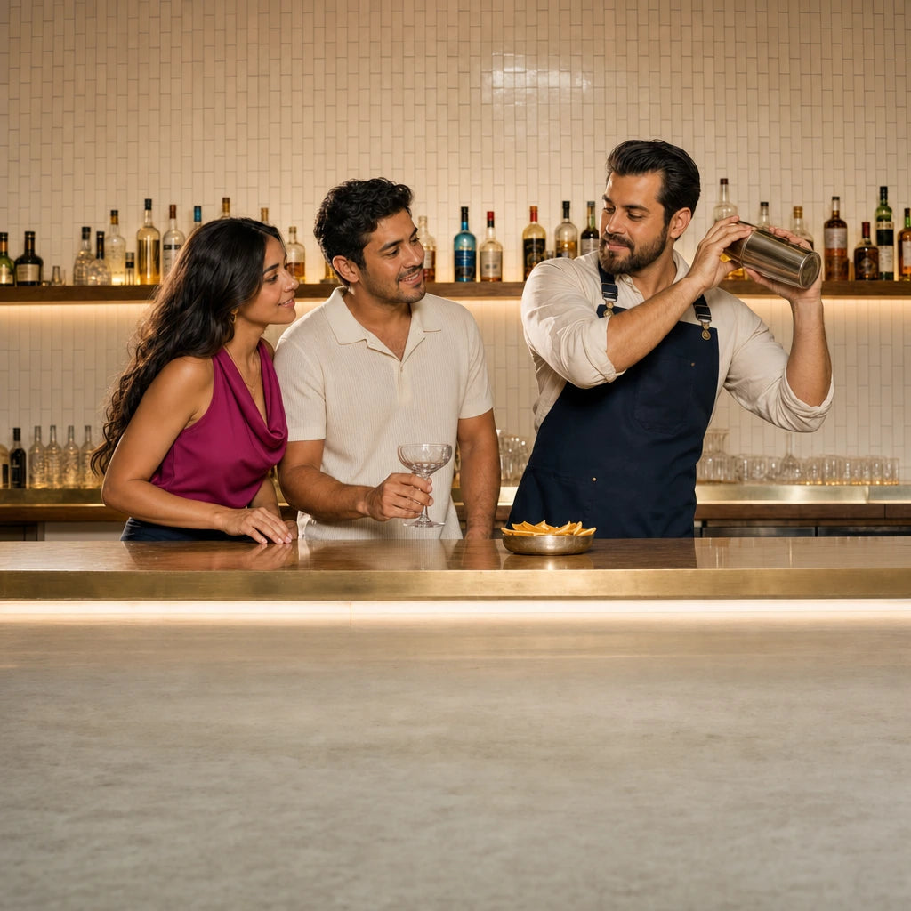 Instructor shaking a cocktail at the bar as a couple waits with a coupe glass, Cocktail Making Class experience gift