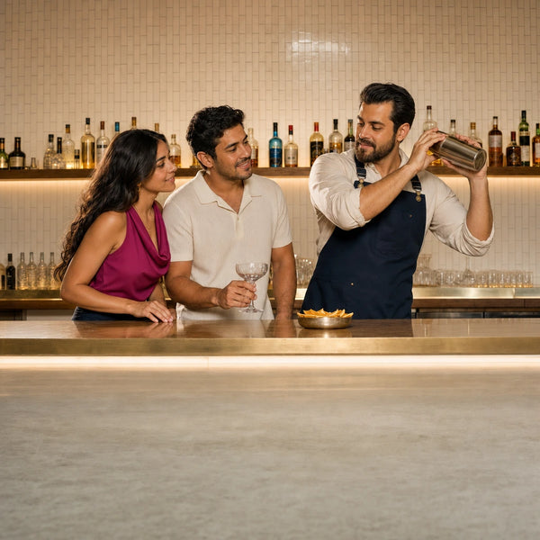 Instructor shaking a cocktail at the bar as a couple waits with a coupe glass, Cocktail Making Class experience gift