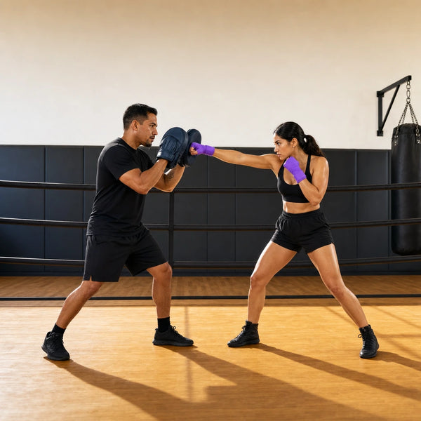 Trainer absorbing a punch on focus mitts as his student holds guard, Combat Sports & Martial Arts experience gift
