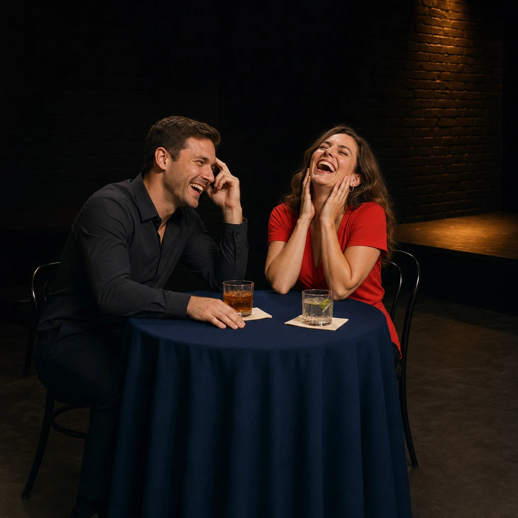 Couple laughing hard at a spotlit club table near the stage, Comedy Shows experience gift