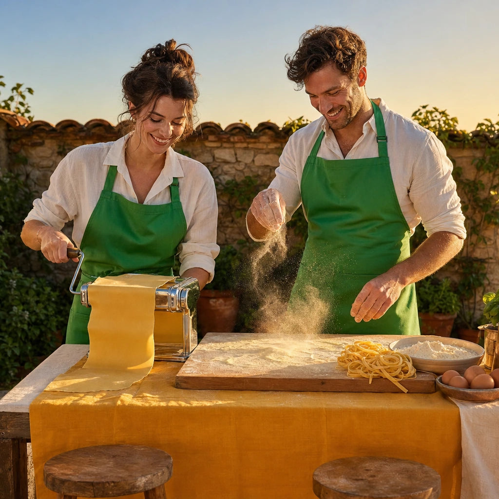 Couple rolling fresh pasta through a hand crank in a courtyard, Italian Cooking Classes experience gift