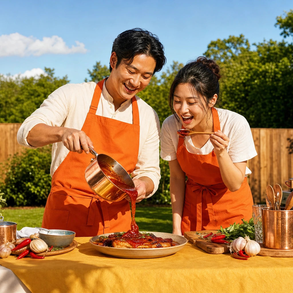 Couple tasting a simmering sauce from a wooden spoon, Secret Sauce experience gift