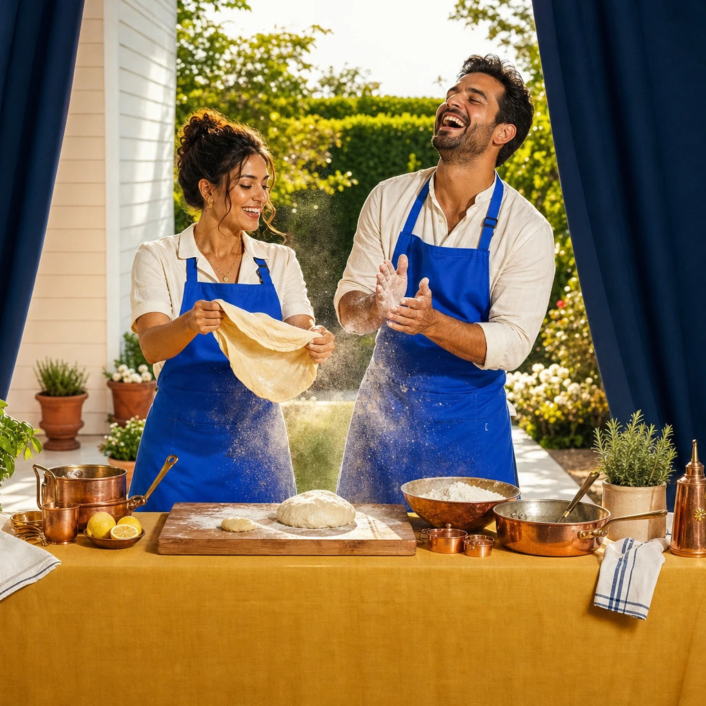 Couple in blue aprons laughing in a cloud of flour as they stretch dough outdoors, Cook Together experience gift