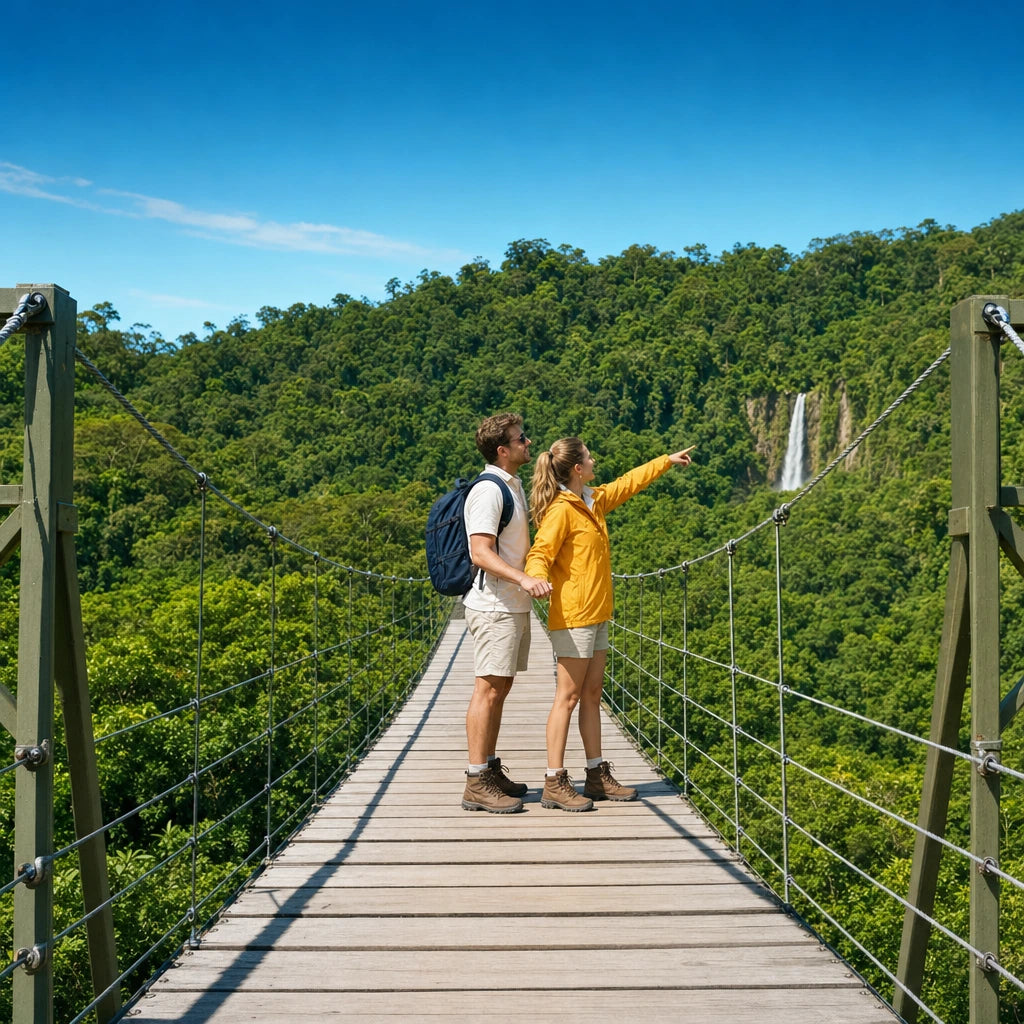 Couple on a canopy suspension bridge spotting a distant waterfall, Costa Rica National Parks Tour experience gift