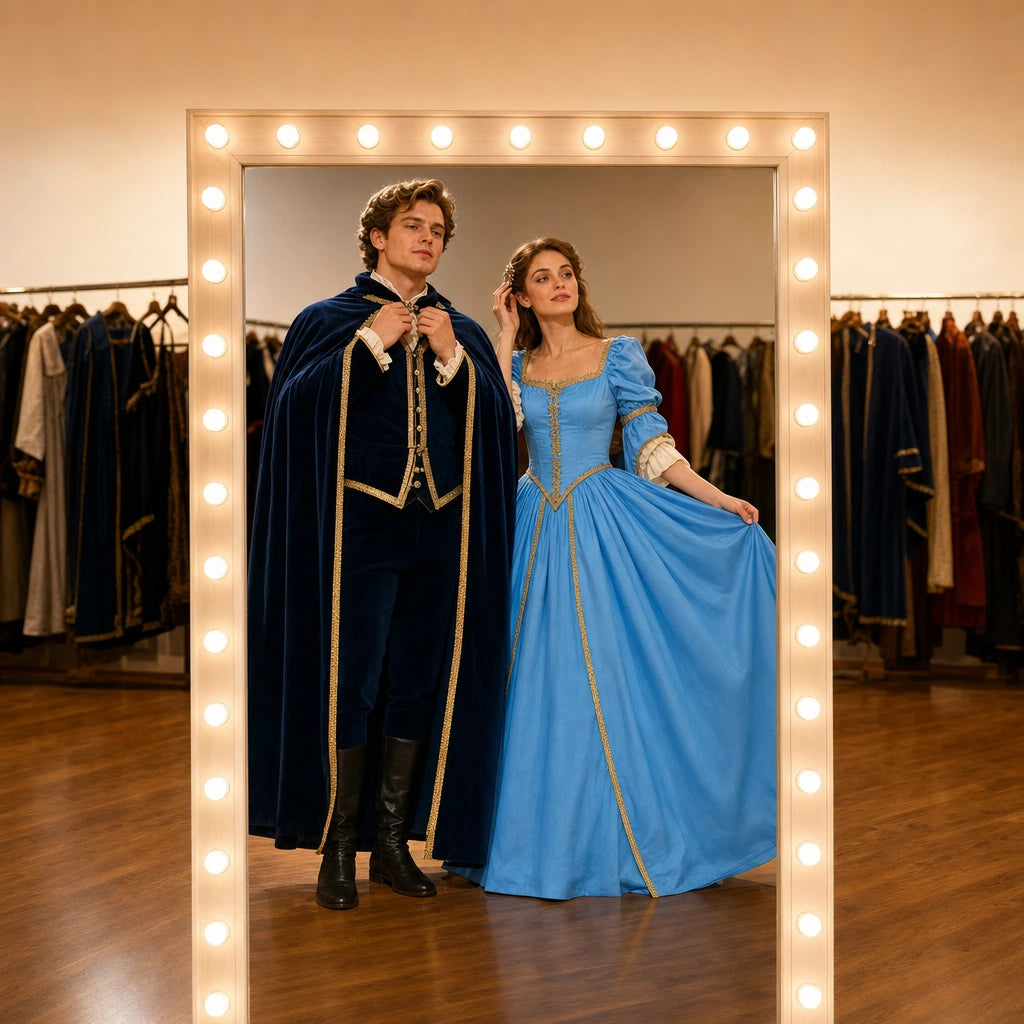 Couple dressing in cloak and gown before a bulb-lit mirror, Costume & Themed experience gift