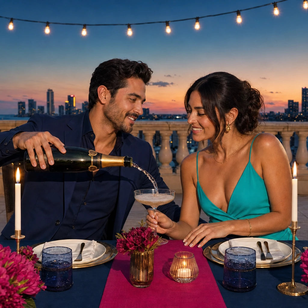 Couple pouring champagne at a terrace dinner table at sunset, Date Night experience gift