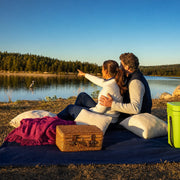 Couple on a lakeside picnic blanket watching a distant heron, Nature Day experience gift