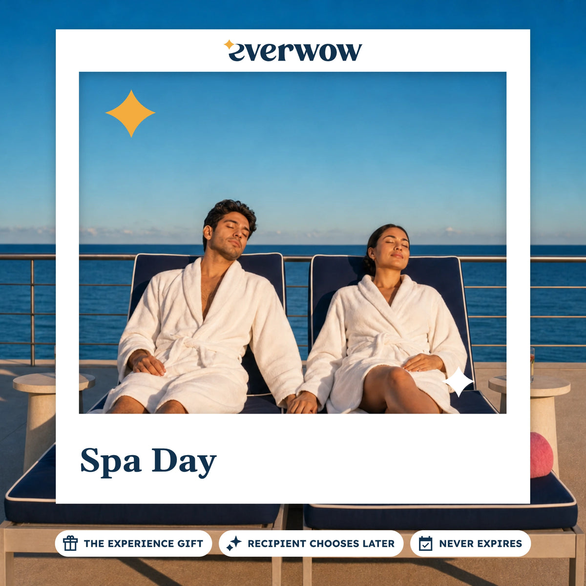 Everwow Spa Day experience gift photo in a frame, couple on sea-view loungers