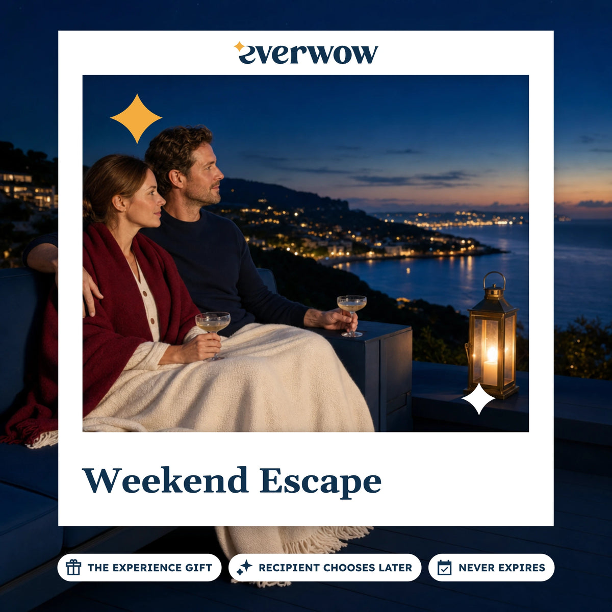 Everwow Weekend Escape experience gift photo in a frame, resort terrace at dusk