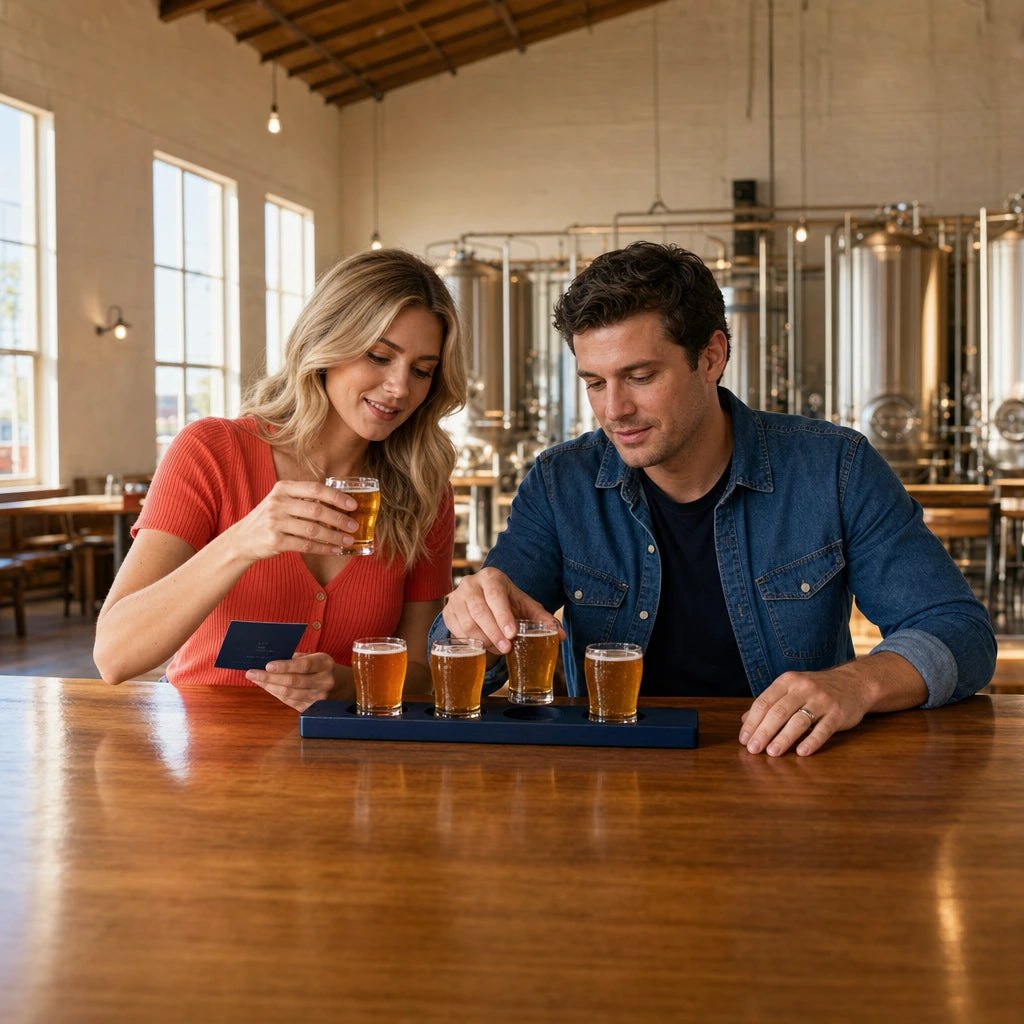 Couple comparing a flight of four amber beers at a taproom bar, Craft Beer Tasting experience gift