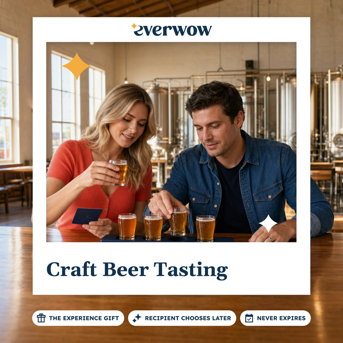 Everwow Craft Beer Tasting experience gift photo in a frame, couple sampling a beer flight