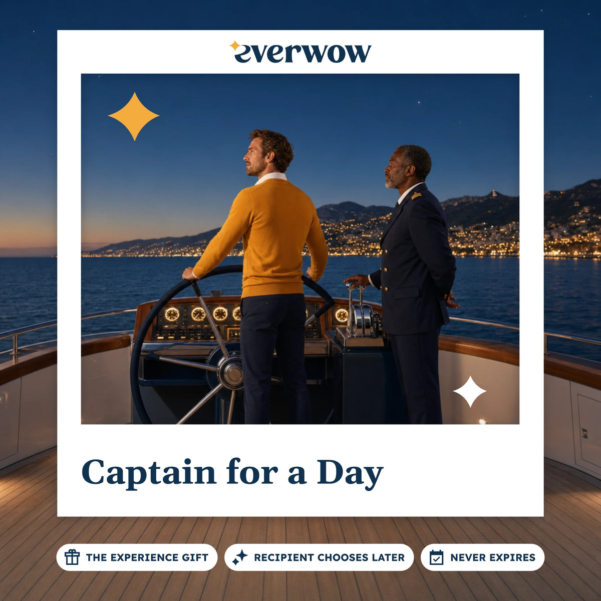 Everwow Captain for a Day experience gift photo in a frame, guest at the yacht helm