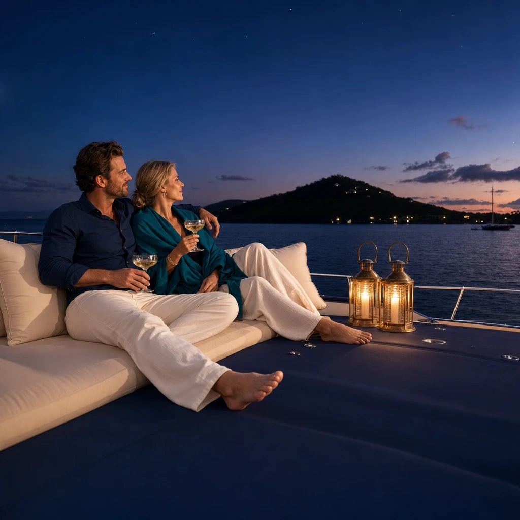 Couple reclining with coupes on a yacht anchored off an island at dusk, Island Hopper experience gift