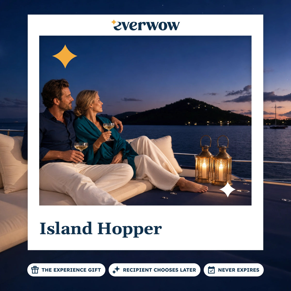 Everwow Island Hopper experience gift photo in a frame, yacht anchored off an island