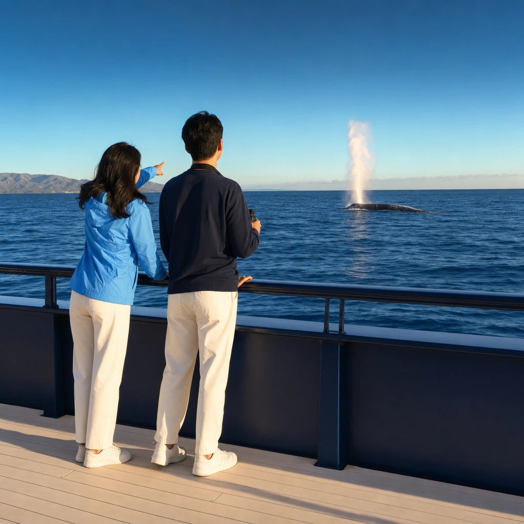 Couple at a boat rail watching a whale spout at sunset, Whale Watch experience gift