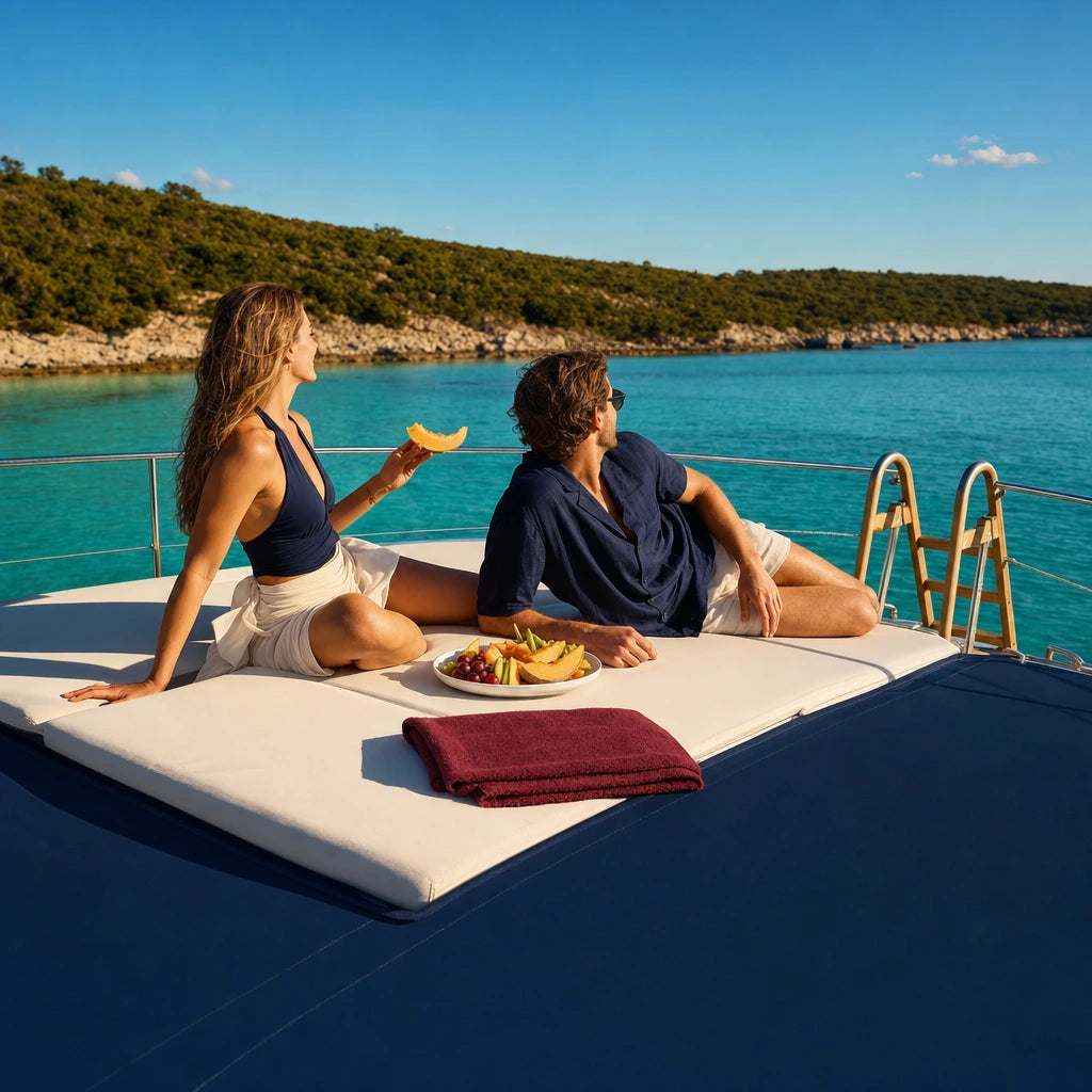 Couple sharing a fruit platter on a yacht foredeck over turquoise water, Yacht Afternoon experience gift