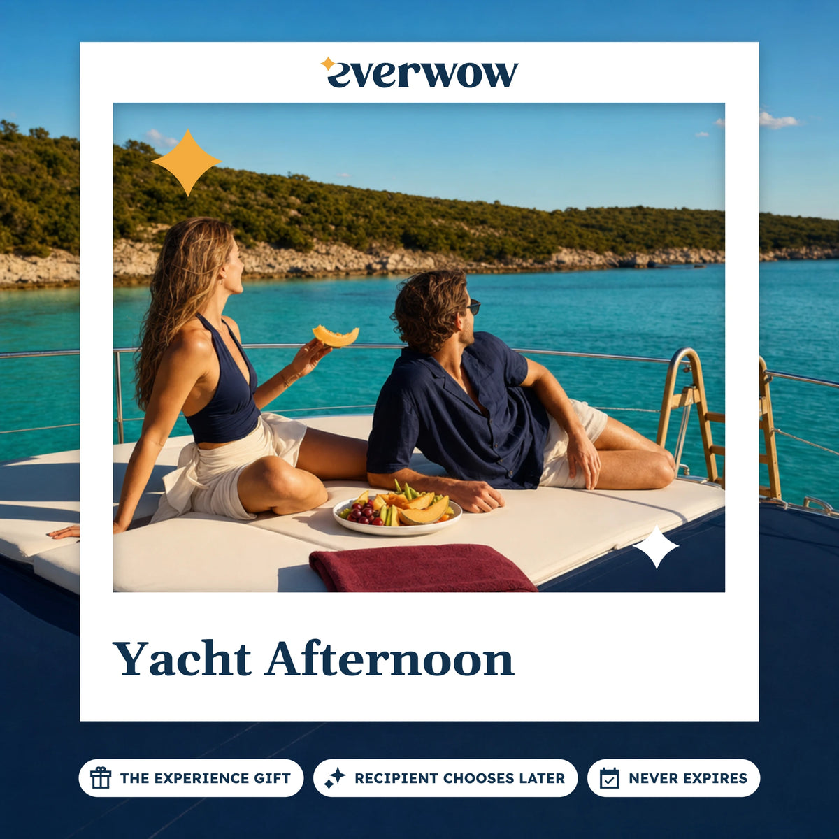 Everwow Yacht Afternoon experience gift photo in a frame, couple relaxing on a yacht deck