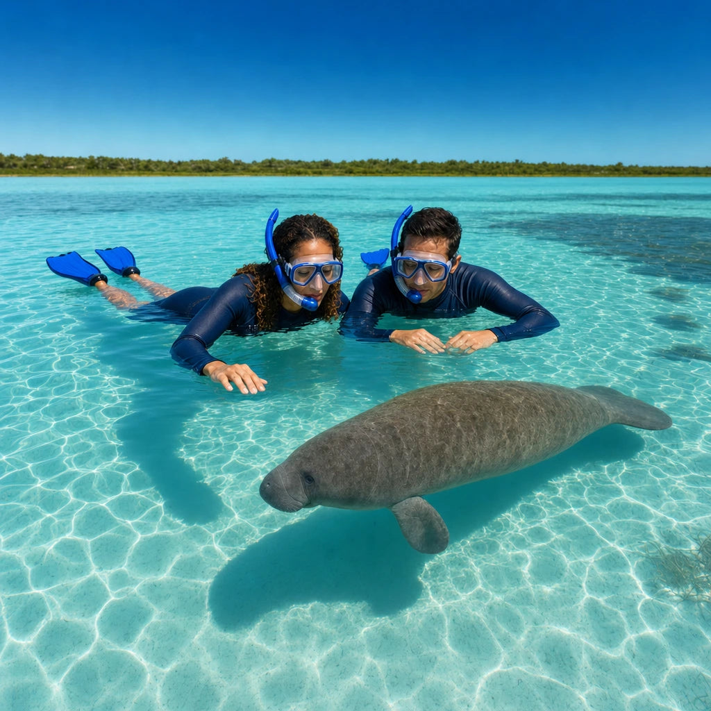 Couple floating near a resting manatee in clear turquoise spring water, Crystal River Manatee Encounter experience gift