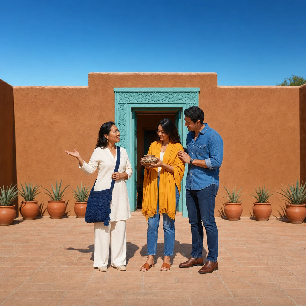 Guide showing a couple a carved doorway in an adobe courtyard, Cultural Tours experience gift