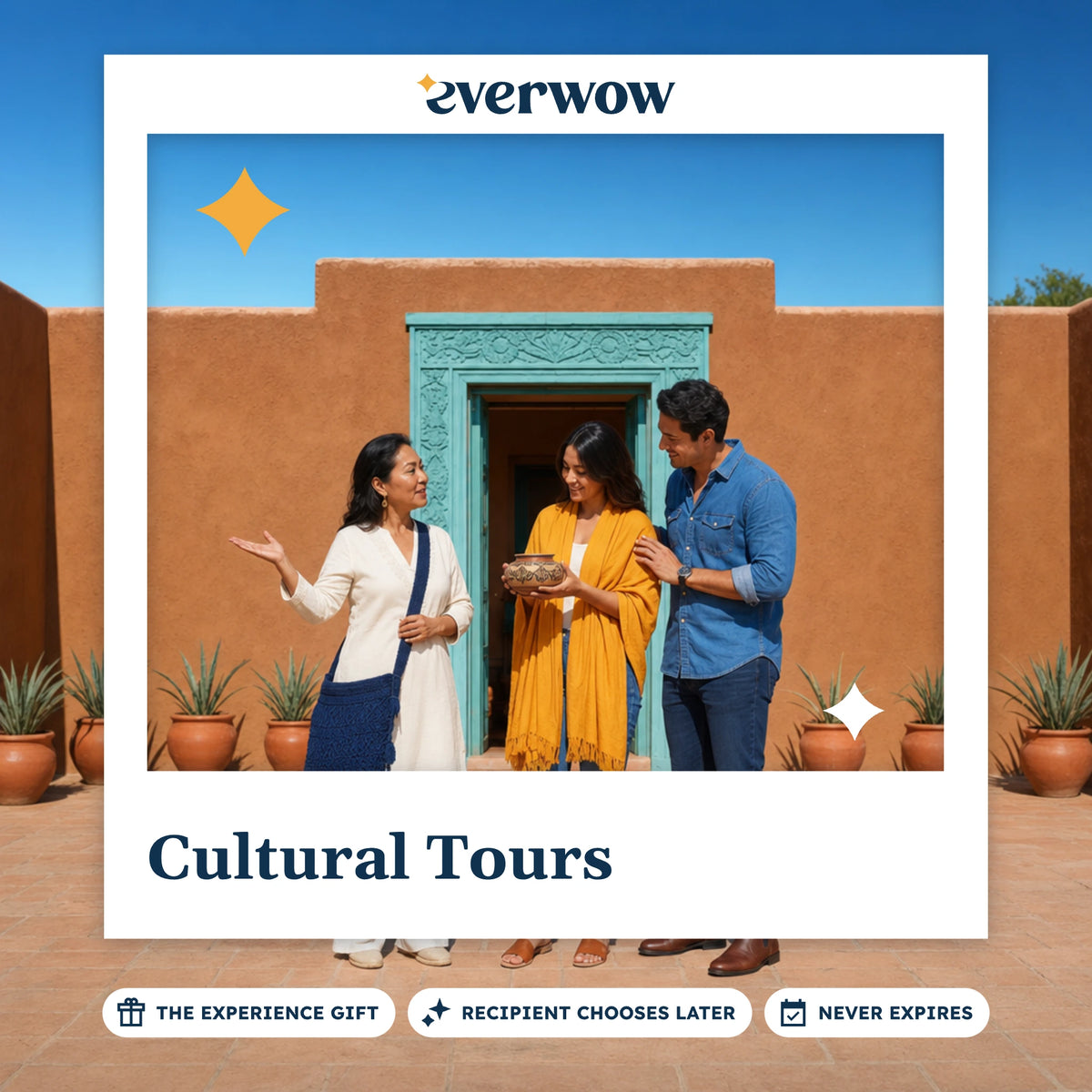 Everwow Cultural Tours experience gift photo in a frame, guide and couple in adobe courtyard