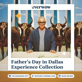 Everwow Father's Day in Dallas gift card: man at a white plinth before bronze longhorn statues