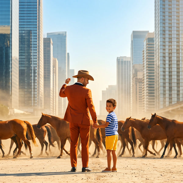 Man in a cowboy hat and a boy hand in hand as horses run past the Dallas skyline
