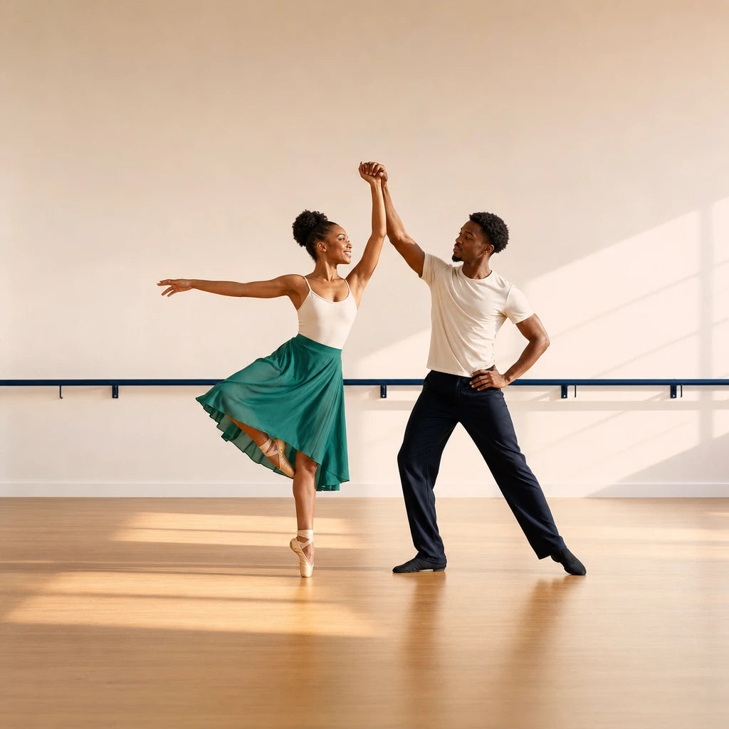 Couple spinning through a partner turn in a sunlit studio, Dance Classes experience gift