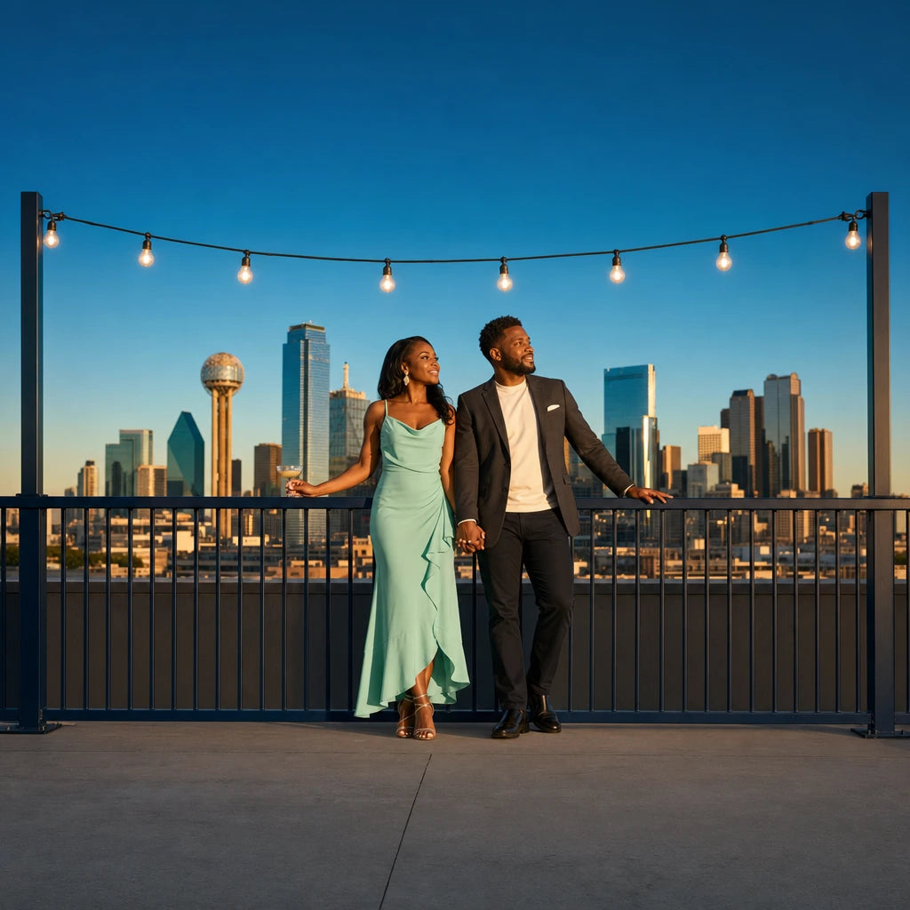 Couple hand in hand at a rooftop bar under string lights, Date Night in Dallas experience gift