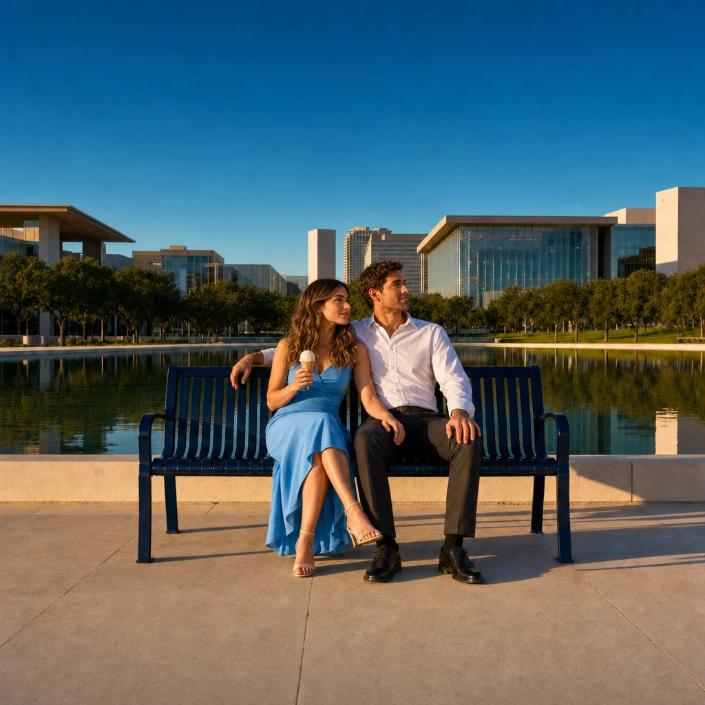 Couple on a bench by a reflecting pool at evening, Date Night in Houston Experience Collection experience gift