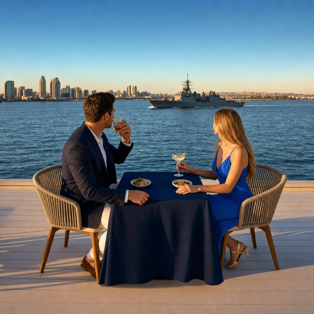Couple sipping cocktails at a harbor-front table at golden hour, Date Night in San Diego experience gift