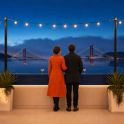 Couple at a rooftop bar as fog rolls under a lit bridge, Date Night in San Francisco Experience Collection experience gift