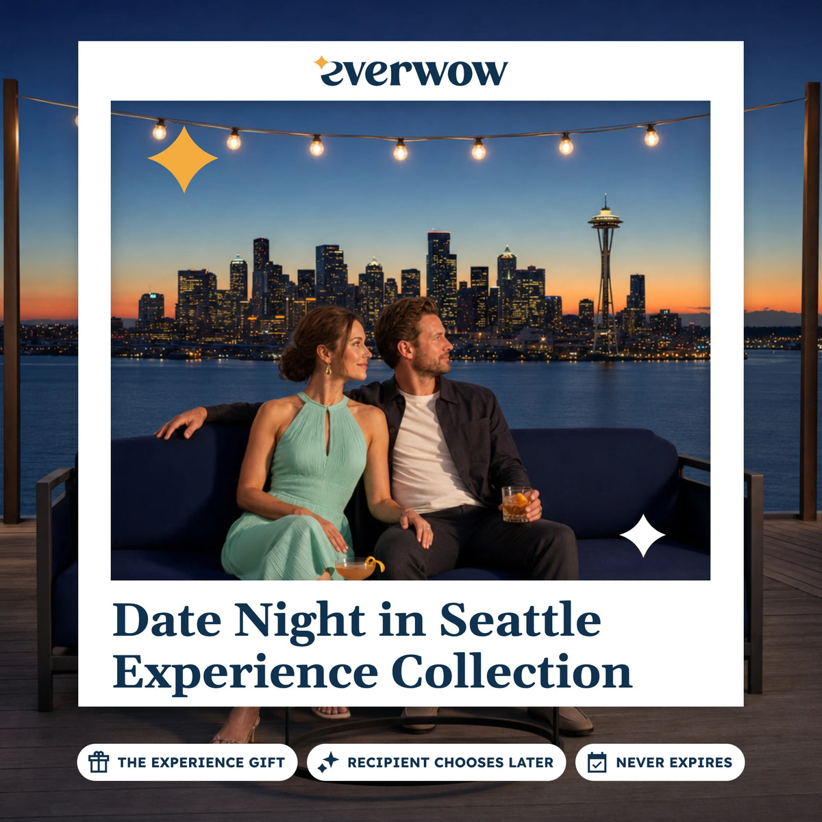 Everwow Date Night in Seattle experience gift photo in a frame, rooftop lounge at dusk