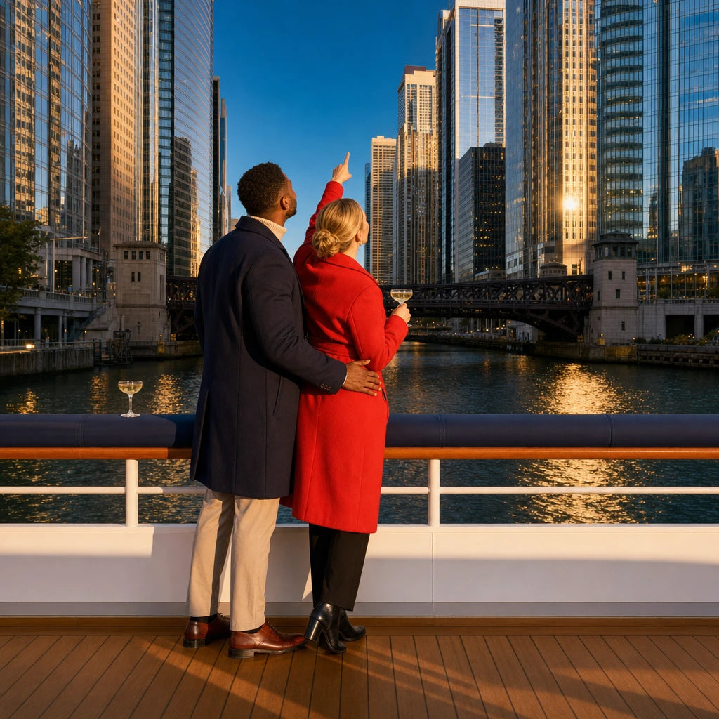 Couple toasting on a river cruise deck beneath lit towers, Date Night in Chicago experience gift