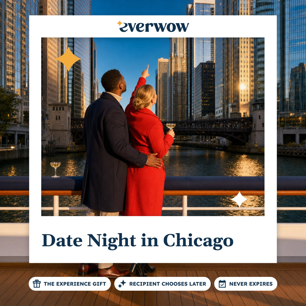 Everwow Date Night in Chicago experience gift photo in a frame, evening river cruise