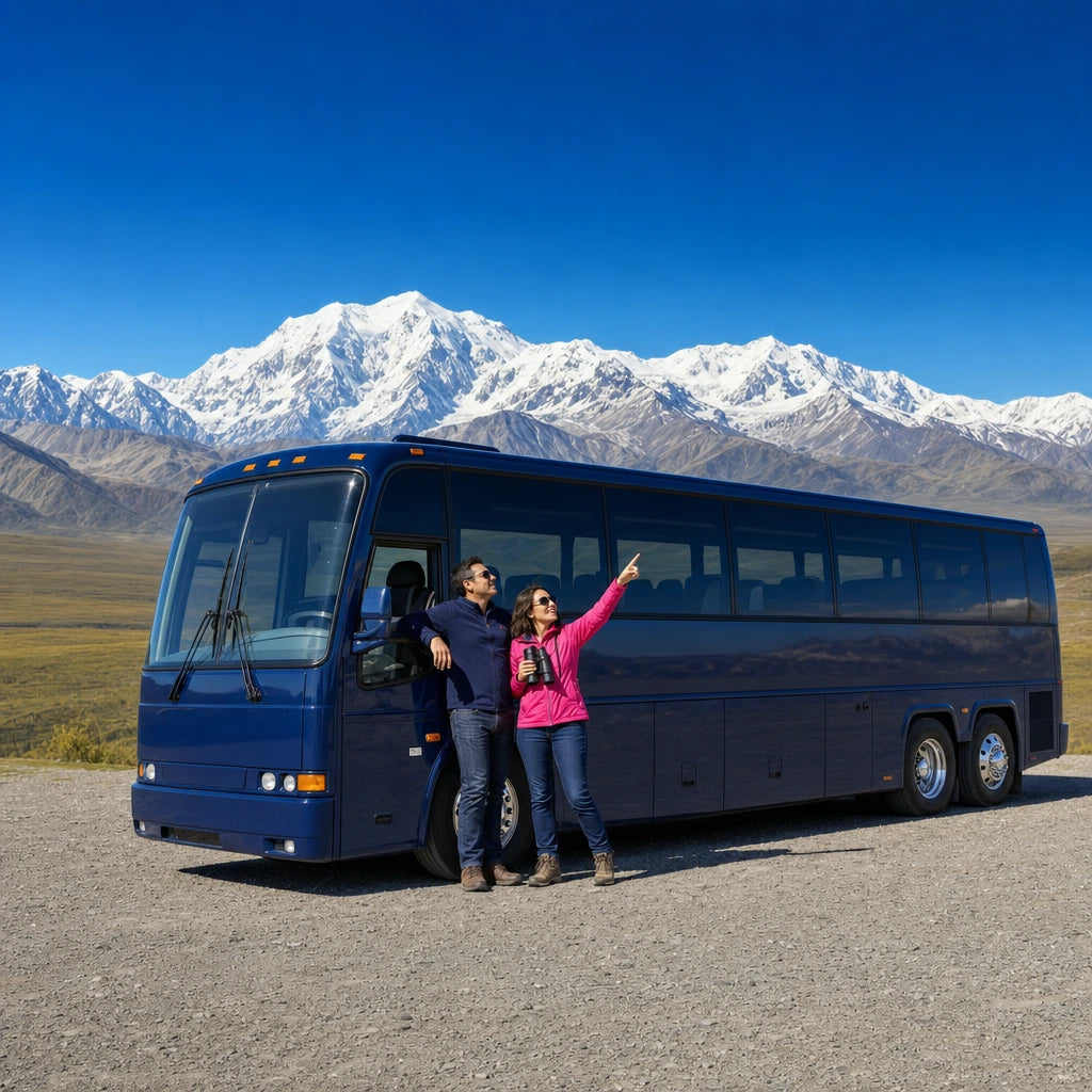 Couple viewing a snow-capped peak from a scenic pullout, Denali & Alaska Parks Tour experience gift