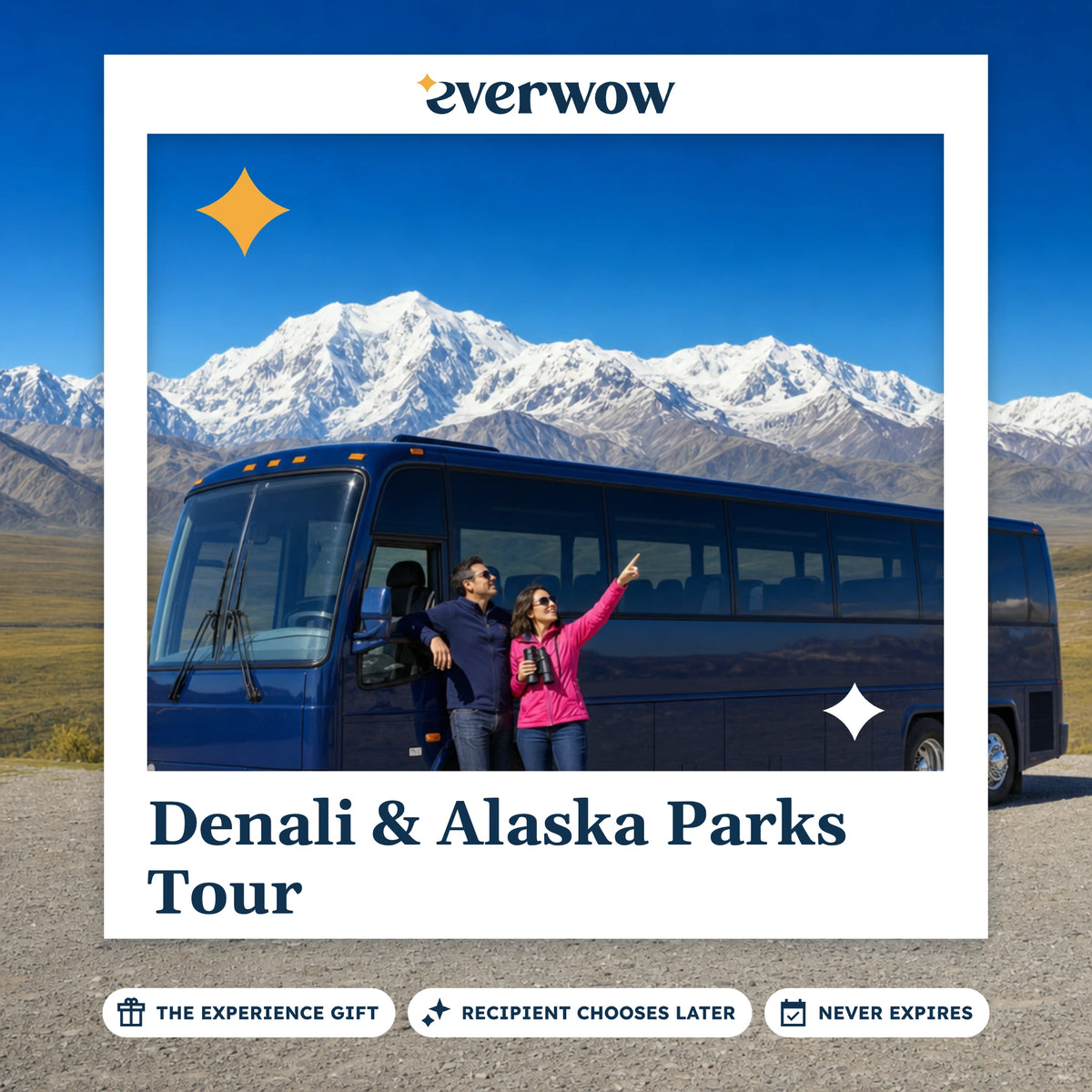 Everwow Denali & Alaska Parks Tour experience gift photo in a frame, couple viewing a snowy peak