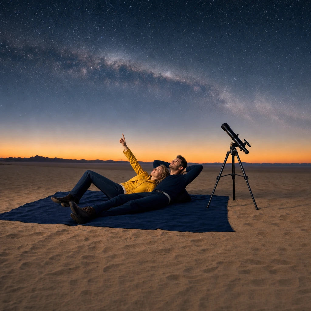 Couple lying on a blanket tracing constellations under the Milky Way, Desert Sunset & Stargazing experience gift