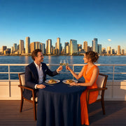 Couple toasting with wine on a dining cruise deck as the skyline passes, Dining Cruises experience gift