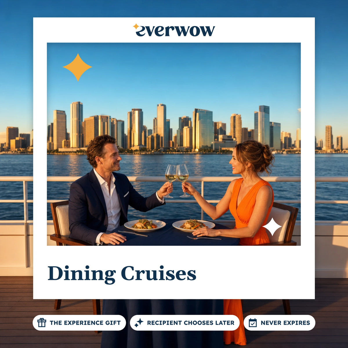 Everwow Dining Cruises experience gift photo in a frame, couple toasting on deck
