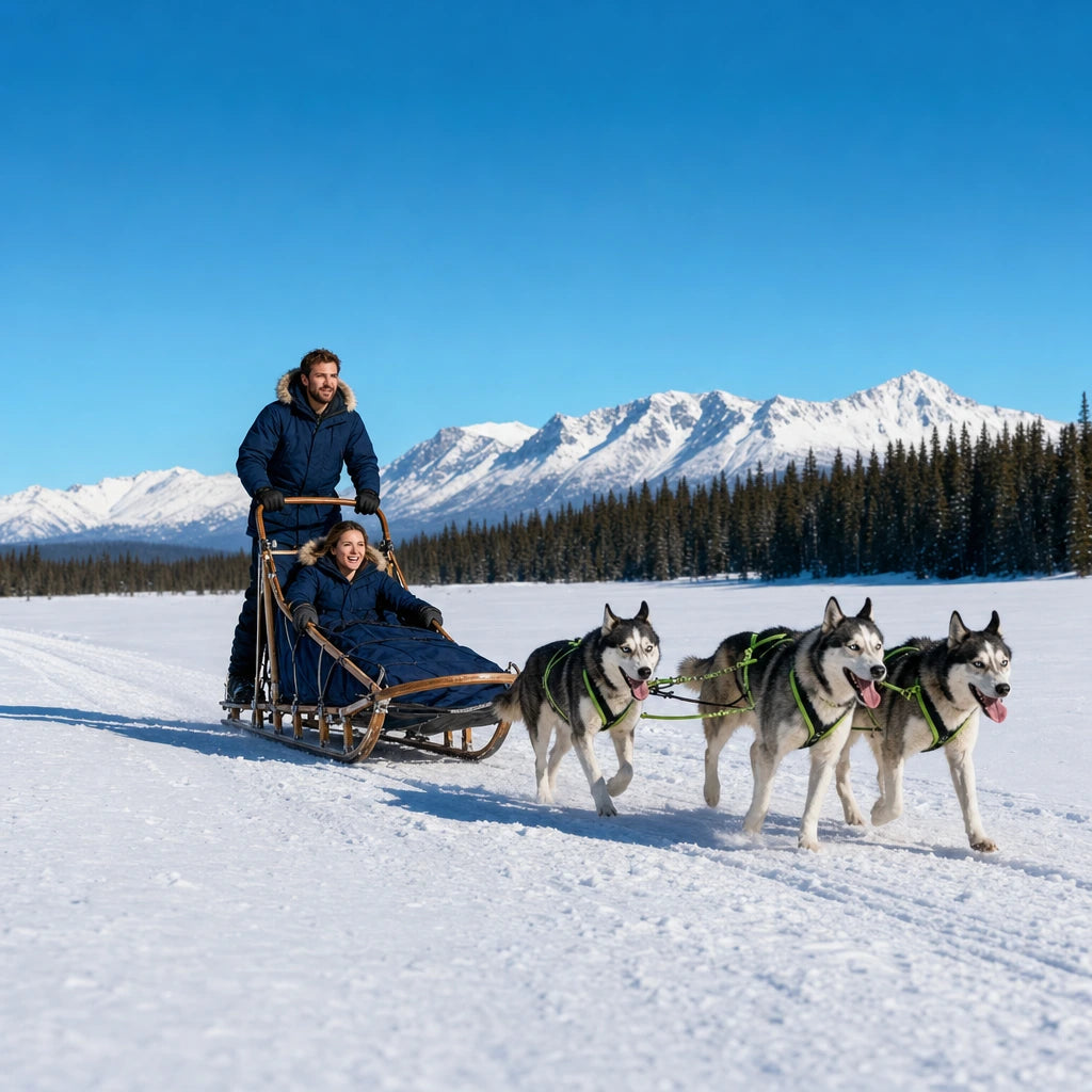 Dog sled team crossing a snow field with musher and passenger, Dog Sledding experience gift