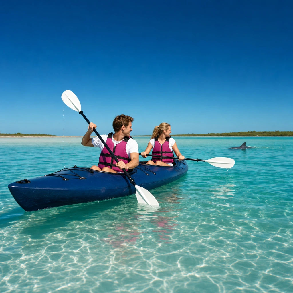 Tandem kayakers pausing as a dolphin surfaces in a turquoise bay, Dolphin Kayak Tour experience gift