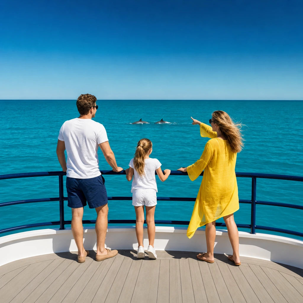 Family watching dolphins surface from a tour boat bow deck, Dolphin Tours experience gift