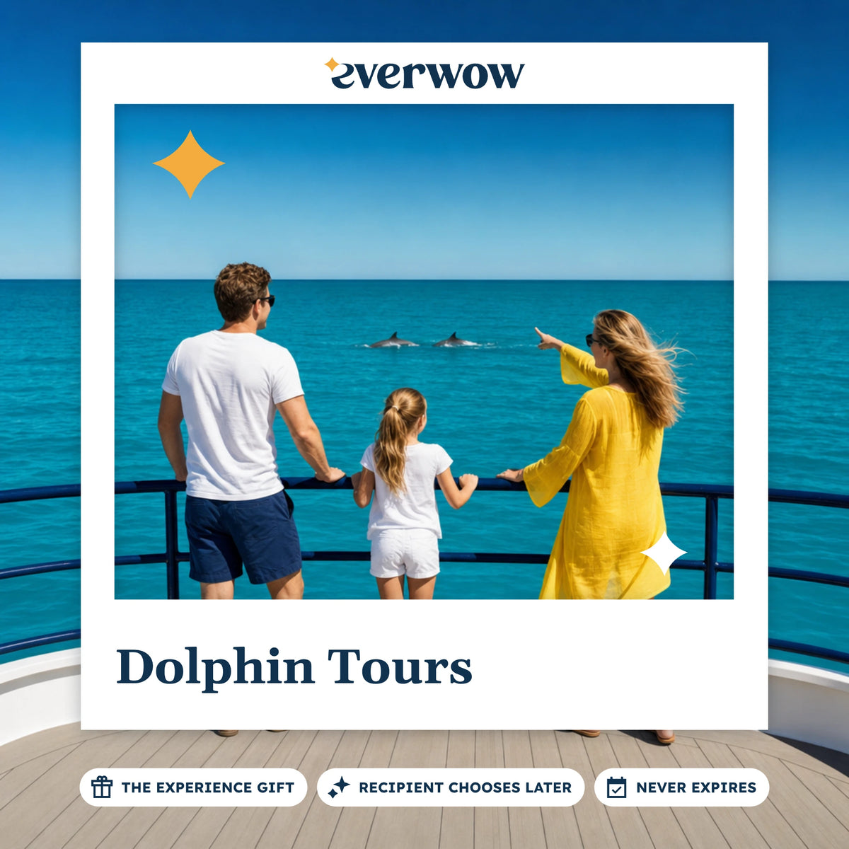 Everwow Dolphin Tours experience gift photo in a frame, family spotting dolphins from a boat