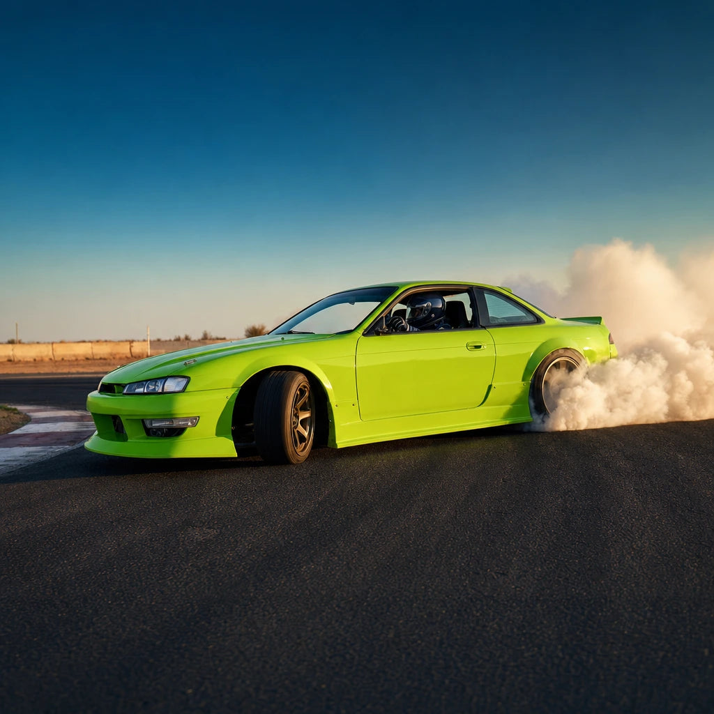 Driver holding a drift car sideways in a cloud of tire smoke, Drift experience gift