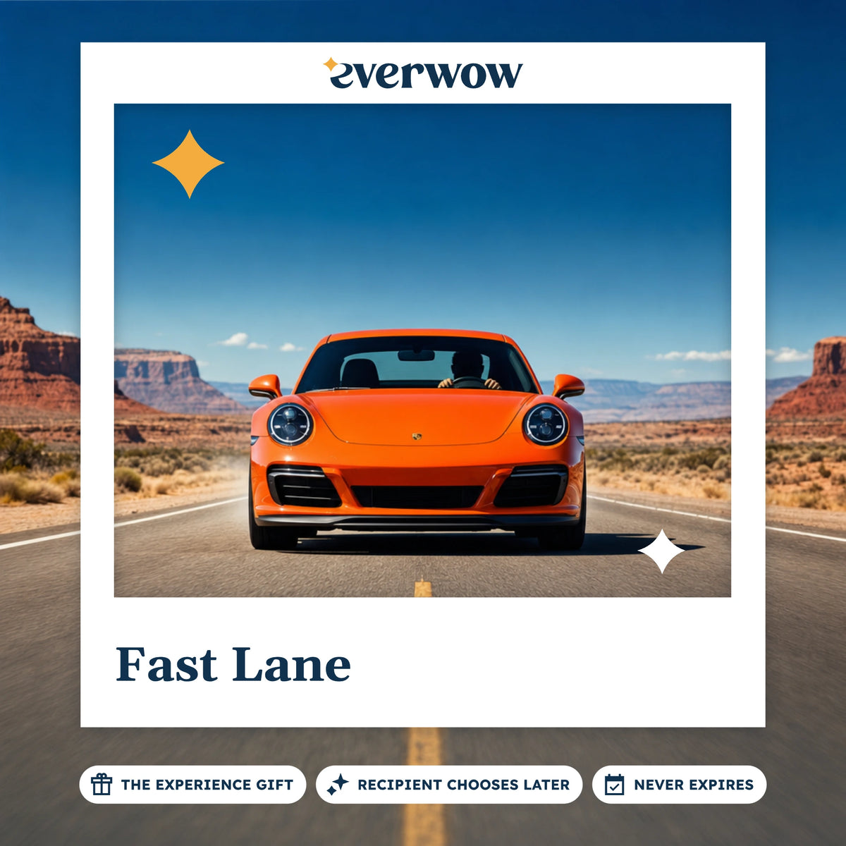 Everwow Fast Lane experience gift photo in a frame, coupe on a desert highway