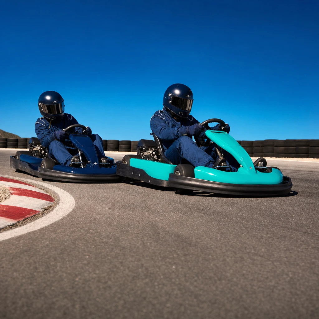 Two helmeted drivers racing go-karts wheel to wheel through a hairpin, Kart Rush experience gift