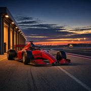 Helmeted driver rolling a red formula car out of the pit lane, Racecar experience gift
