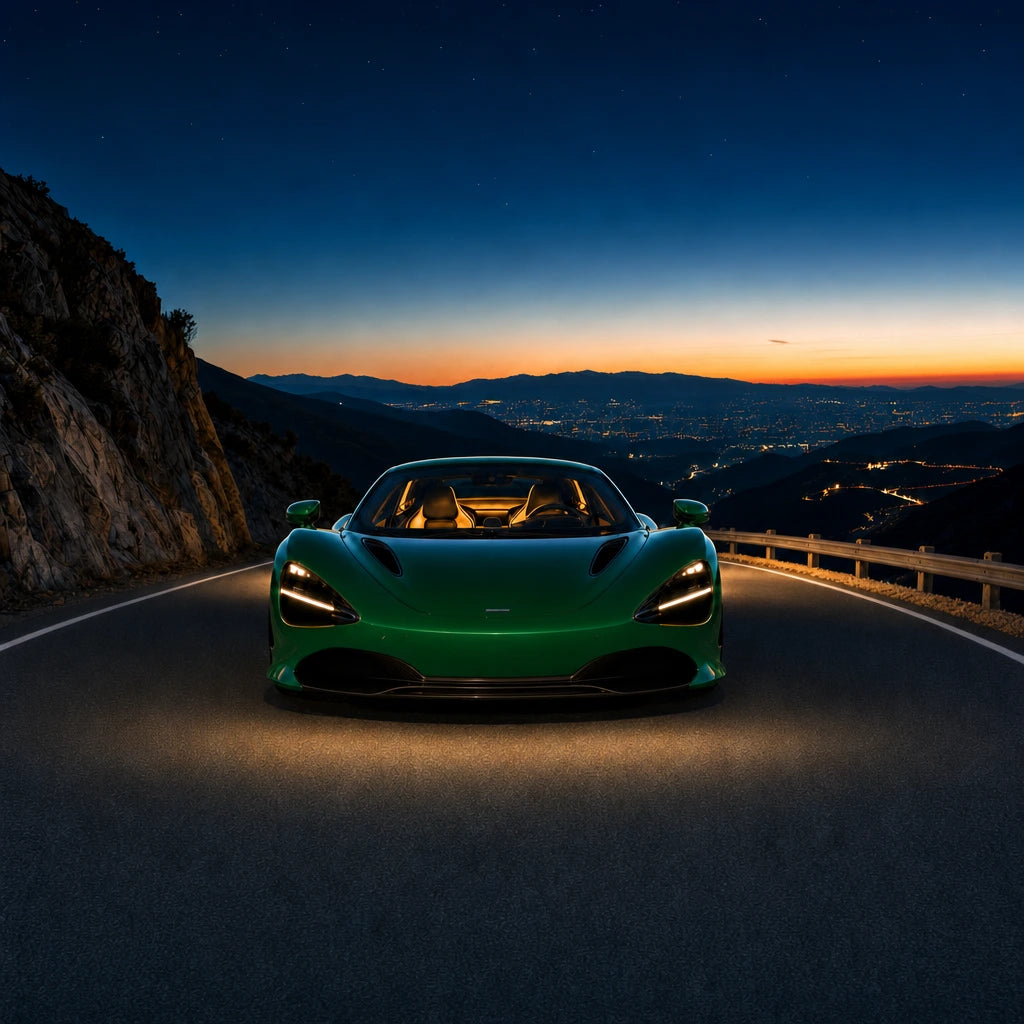 Driver steering an emerald supercar along a mountain switchback at dusk, Supercar experience gift